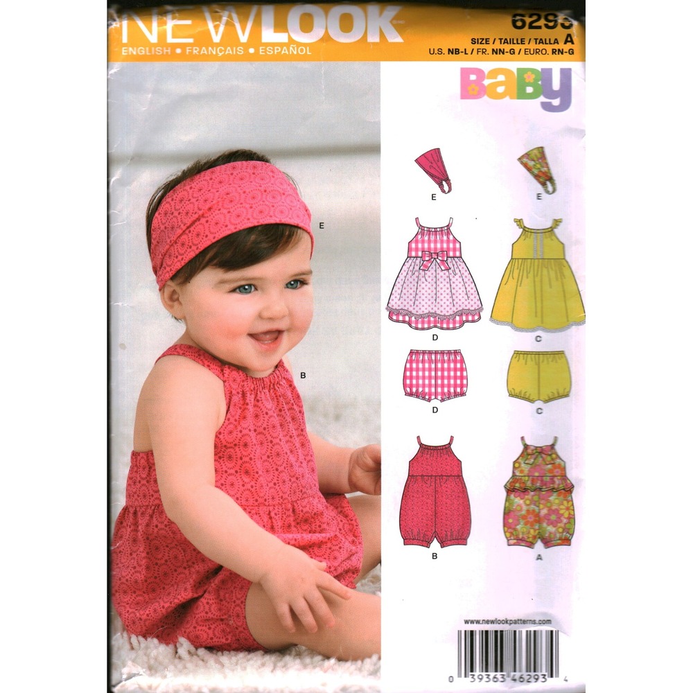 New Look 6293 Baby Sewing Pattern Dress Romper Bloomers Headband Size NB-L